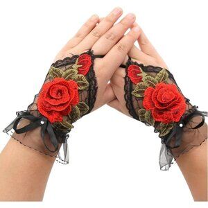 Women's A-A-Black Red Rose Flowers Embroidered Lace Gloves Cocktail Costumes